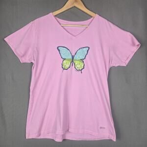 Life Is Good Pink Crusher Tee V Neck Short Sleeve T Shirt Butterfly Print Size L